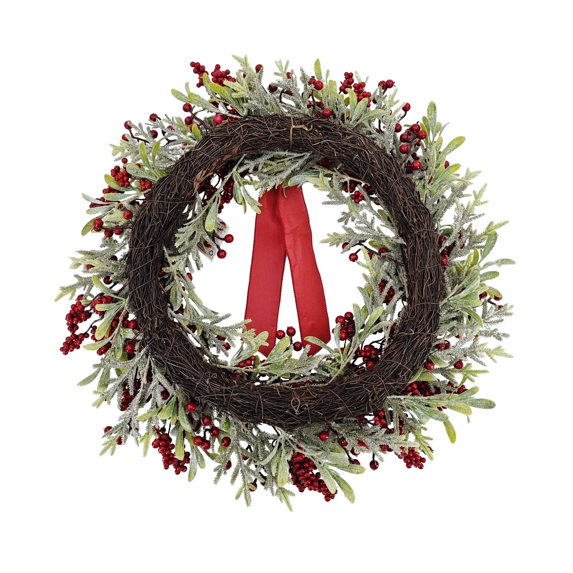 Frosted Evergreen and Eucalyptus Artificial Christmas Wreath with Berries and Bow, Red and Green, 24", by Holiday Time