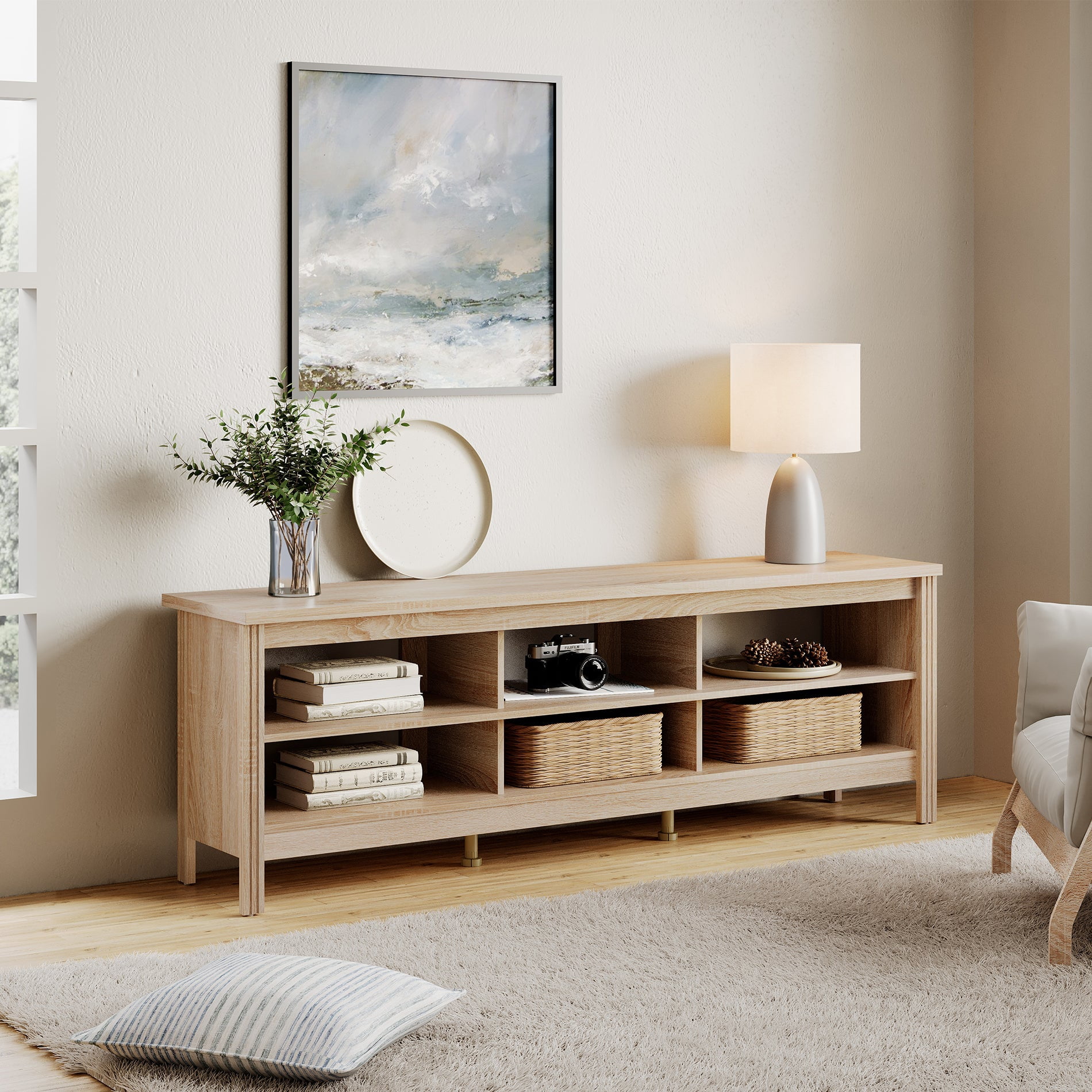 FITUEYES 70" TV Stands for TVs Up to 75 Inch, Entertainment Center TV Console for Living Room and Bedroom, Oak