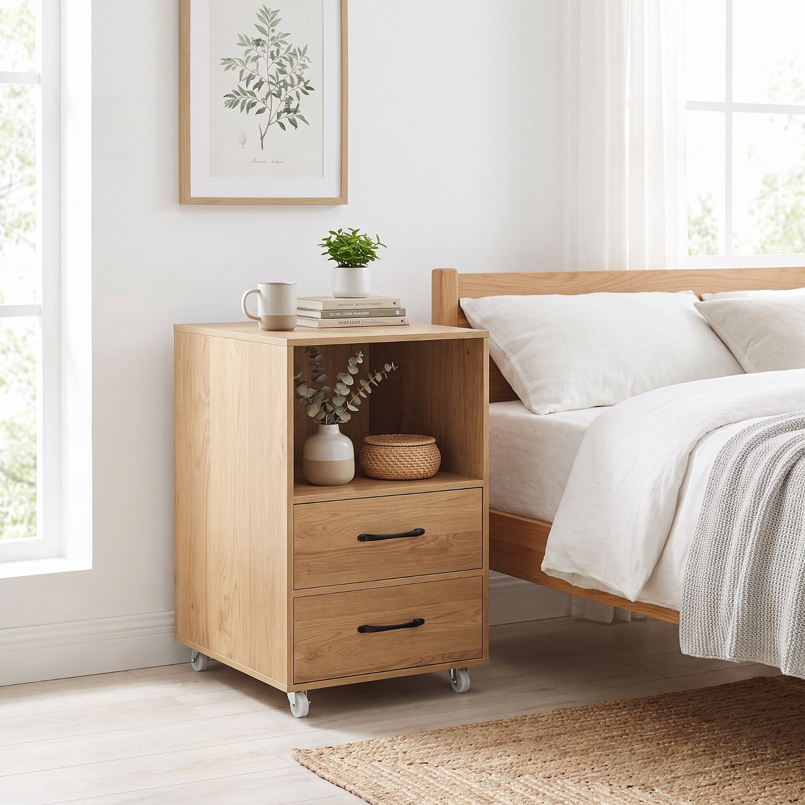 Furnibear Mobile Bedside Table with Charging Station 2 Drawers and Open Shelves End Table on Wheels for Bedroom Sofa Side, Natural