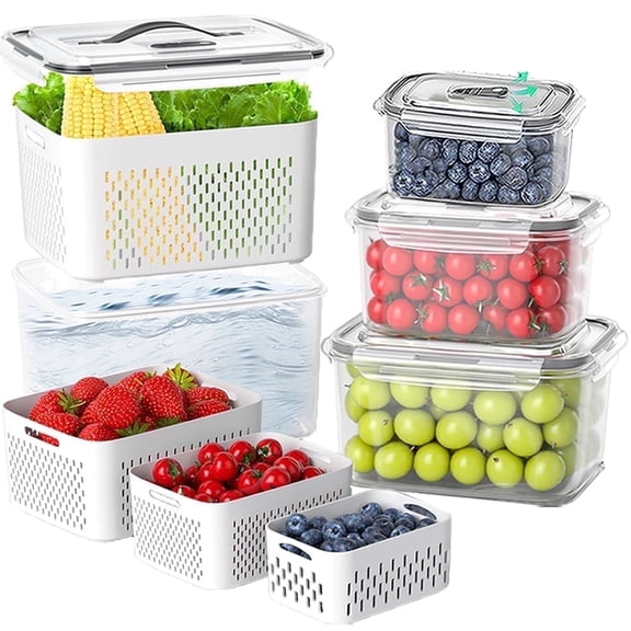 5-Pack Fruit Storage Containers for Fridge, Fridge Organizer Refrigerator Organizer Bins with Lids, Airtight Food Storage Container with Removable Colander