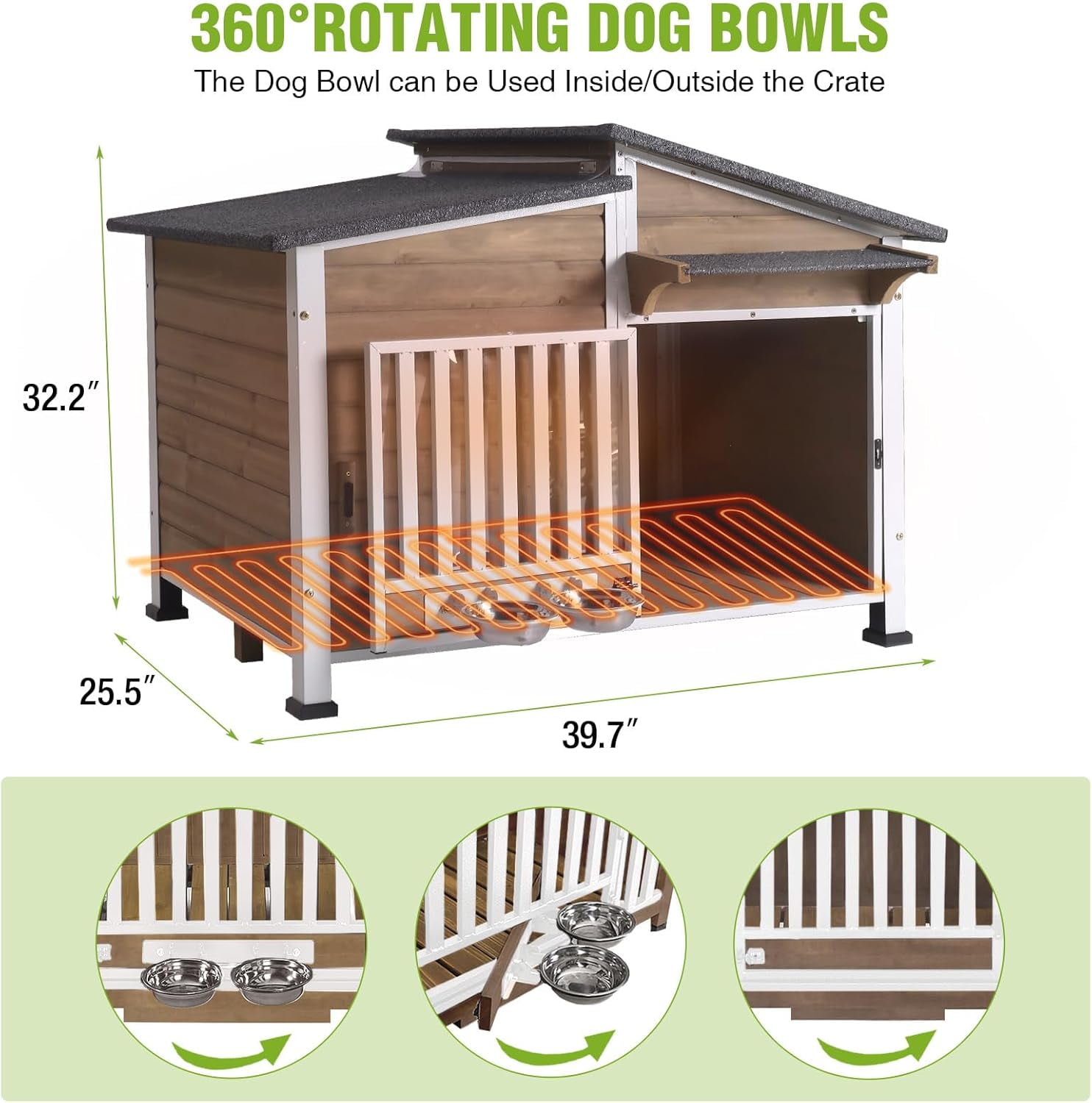 Aivituvin Heated Dog House Outdoor with Heating Pad and Insulated Liner, Wooden Dog Kennel with Anti-Chewing Metal Frame, Weatherproof Dog Shelter with Bowls for Outdoor or Indoor Use (Light Brown)