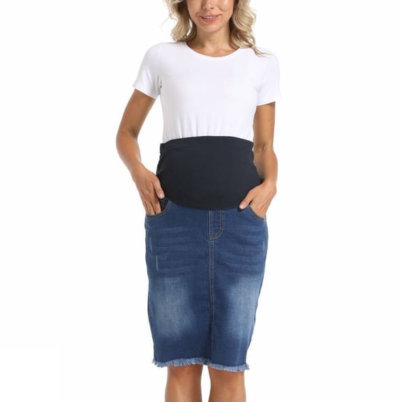 Miqool Womens Maternity Jean Skirt Pregnancy Denim Skirt Over The Belly A Line Stretchy Summer Casual Frayed Hem Maternity Midi Skirts