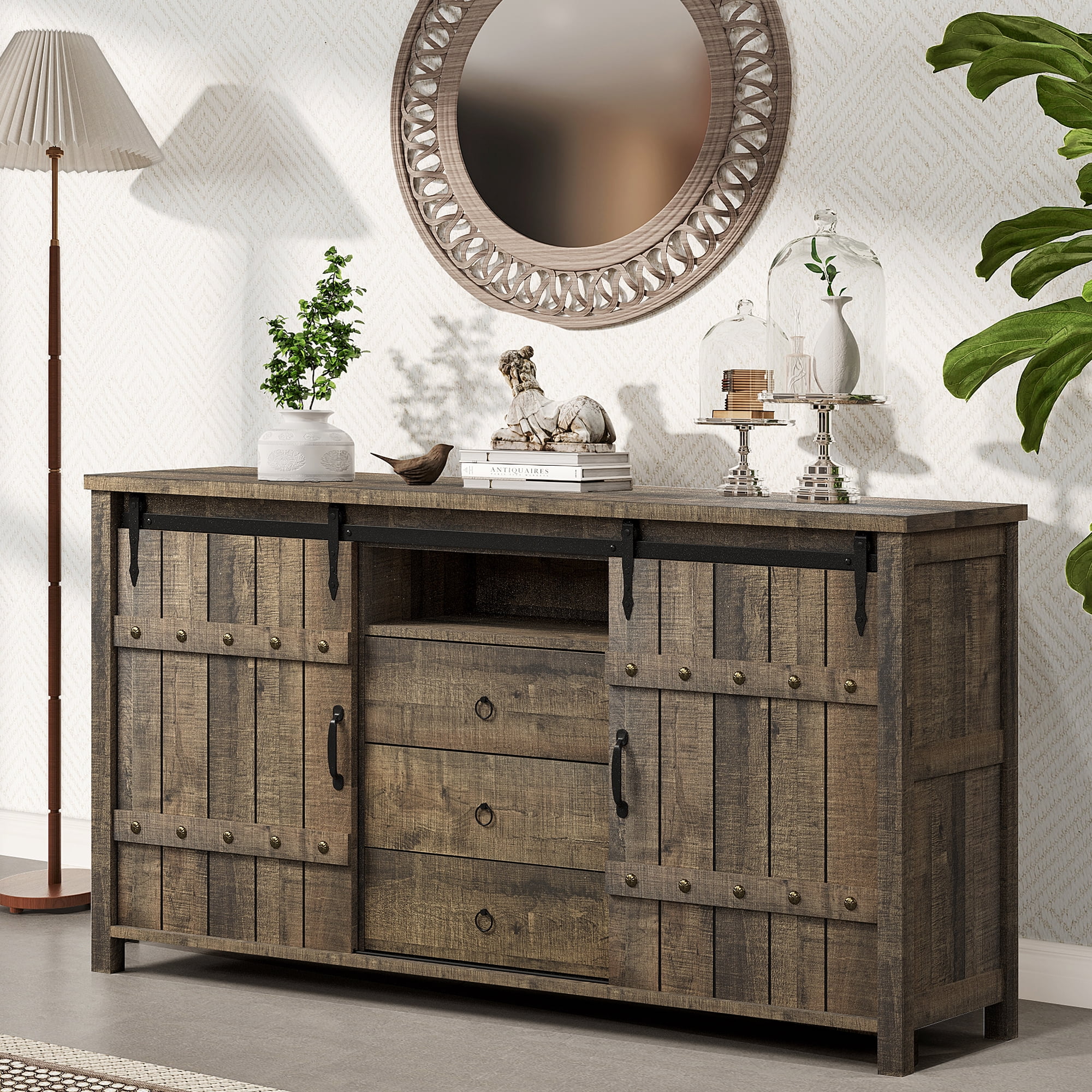 GUNAITO 47" Farmhouse Kitchen Buffet Cabinet with Sliding Barn Door Coffee Bar Cabinet with Storage Drawer Wood Sideboard Gray