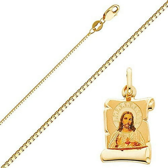 Solid 14K Gold Box Chain Jesus Heart Enamel Picture Religious Pendant Necklace - Choose Length 16" to 24" (24.00, 1.00 mm)