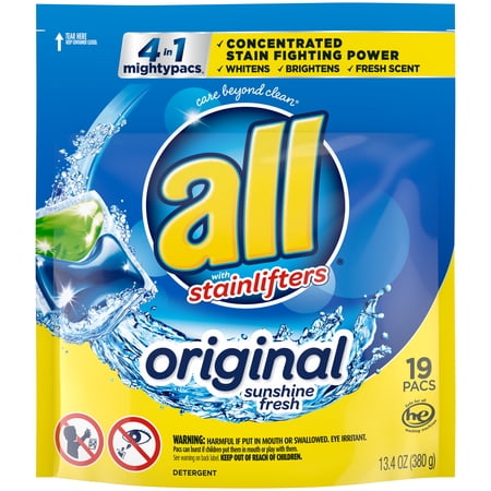 all with Stainlifters Original Mighty Pacs Laundry Detergent, 4 in 1 Stainlifter, One Pouch, 19 Count