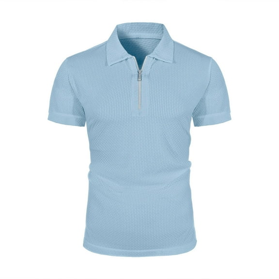 Qgtaibl Men's Trendy Golf Shirts 1/4 Zip Collared Short Sleeve Breathable Shirt Summer Solid Color Athletic T-Shirt with Pocket Light Blue,S