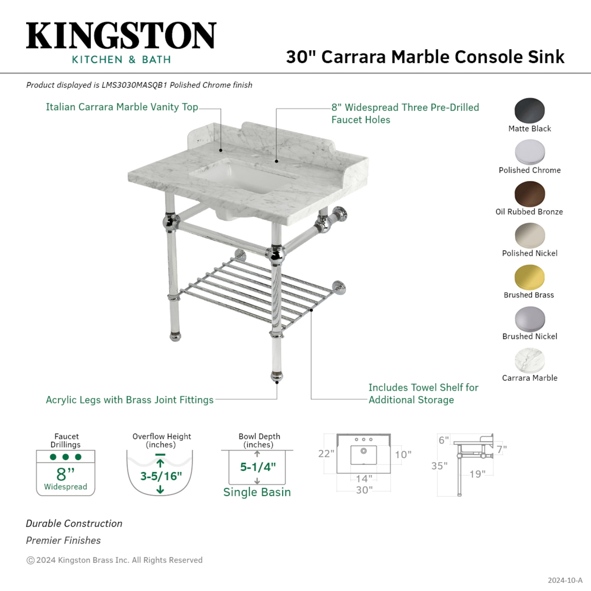 Kingston Brass LMS3030MASQB6 Pemberton 30" Carrara Marble Console Sink with Acrylic Legs and Shelf (8-Inch, 3-Hole), Carrara Marble White/Polished Nickel