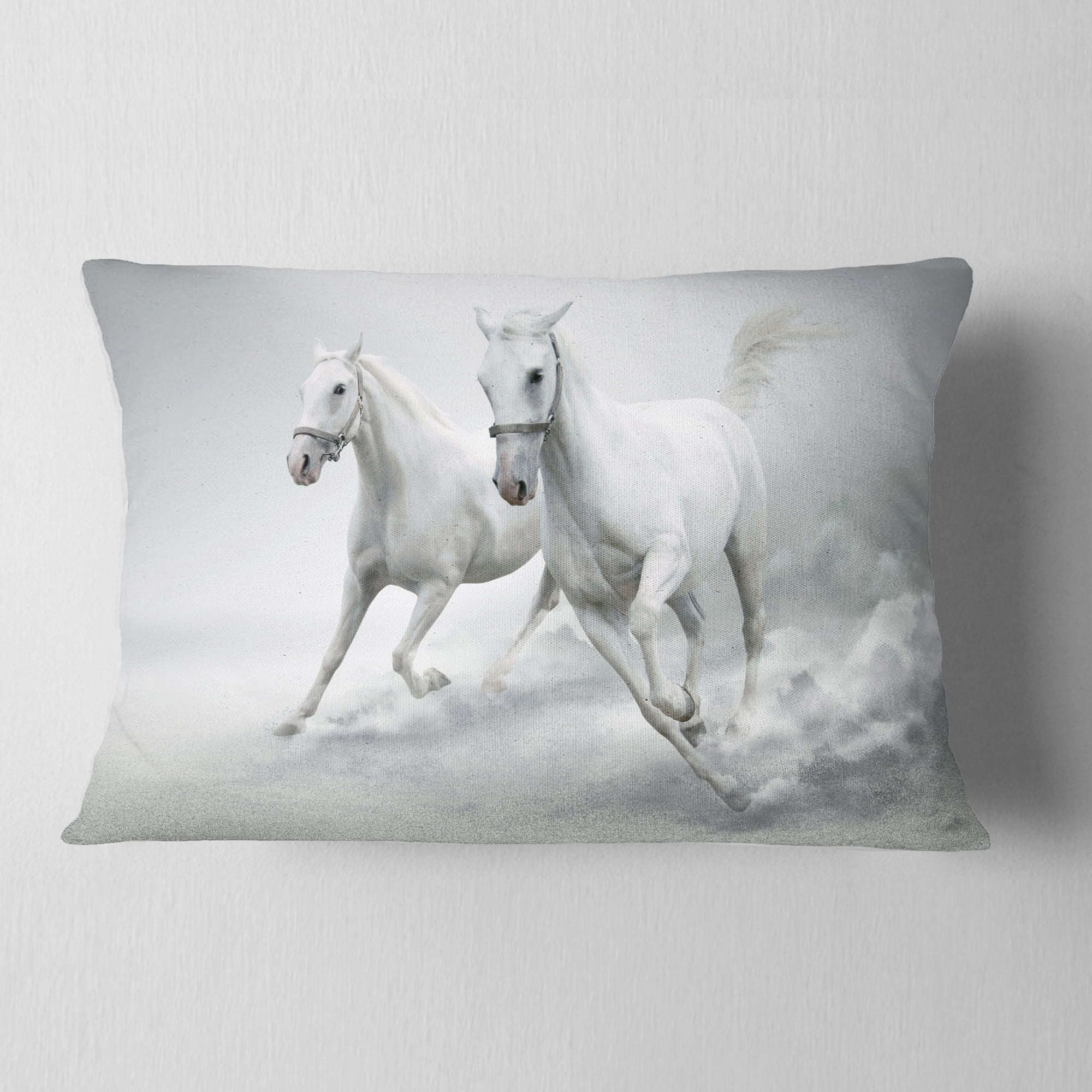 Designart Running White Horses - Animal Throw Pillow - 12x20