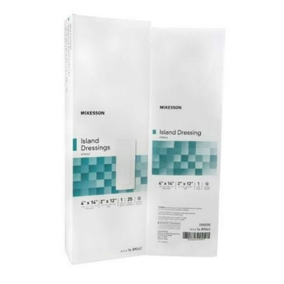Mckesson Adhesive Island Dressing: 25 Count, White, Rectangle Shape, 2" x 12" (Pad), 4" x 14"