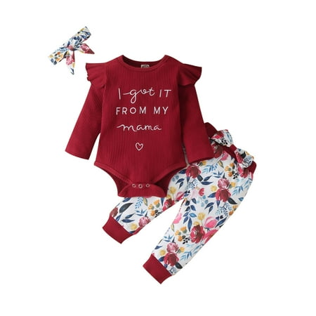

YWDJ 0-24Months Fall Strip Letters Flying Sleeve Romper + Floral Trousers + Three-piece Headband Suit Wine 6-12Months