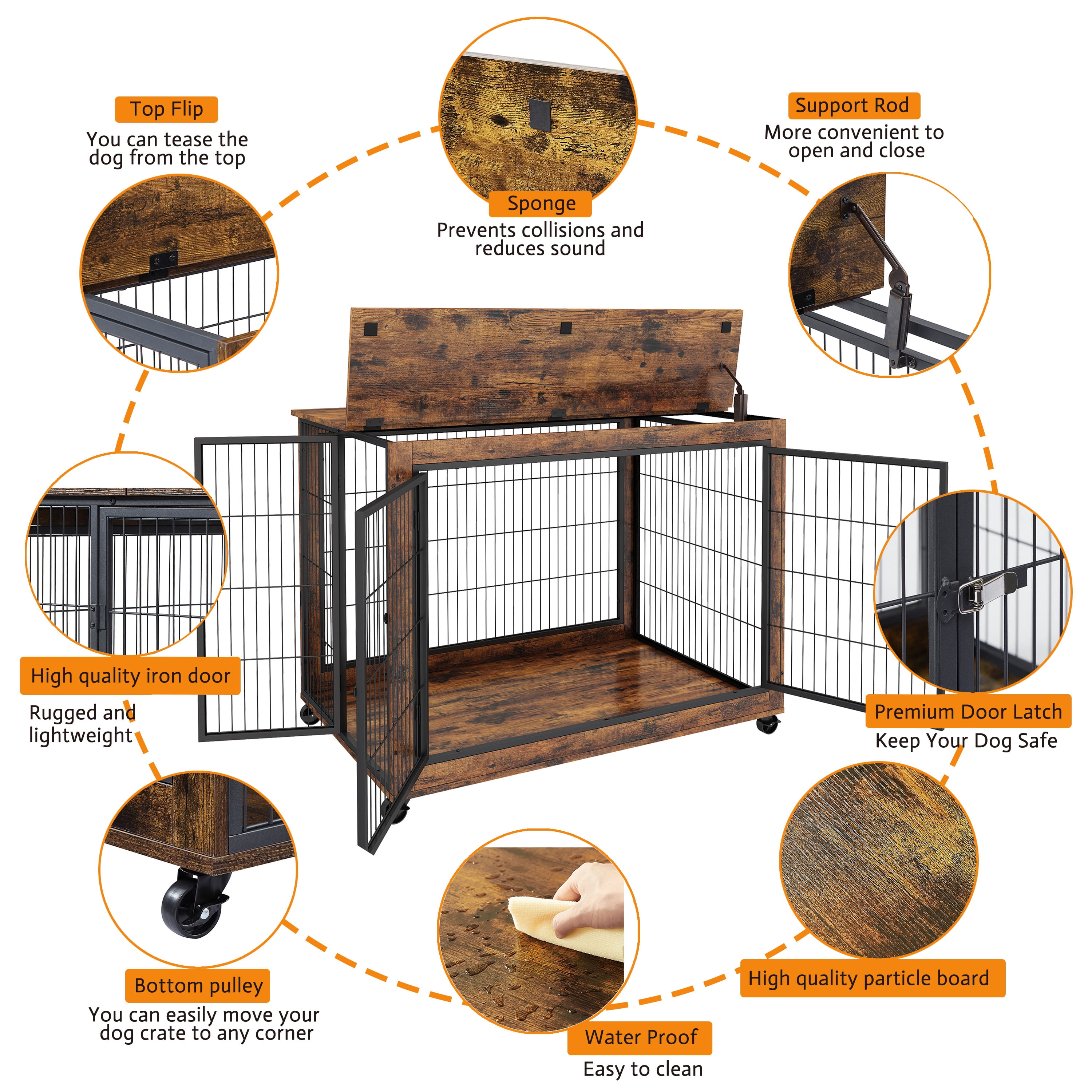 Syngar Dog Crate on Wheels, Wooden Dog Cage with Lockable Double Doors and Lift Top, Modern Home 2-in-1 Dog House End Table Furniture, Dog House for Small/Medium Sized Dogs, Rustic Brown, 43.7"L