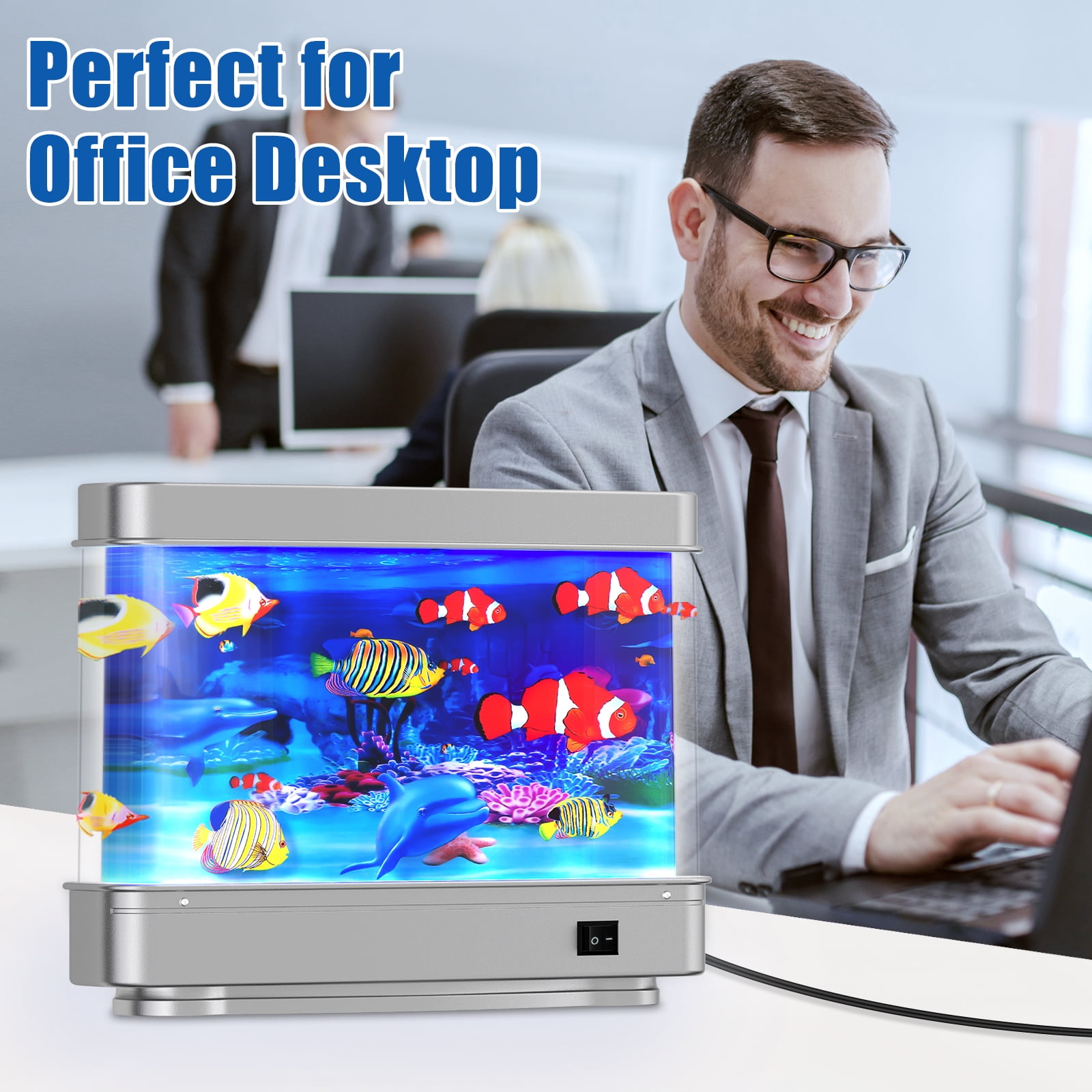 Artificial Fish Tank Virtual Ocean Toy - Mini Office Desk Aquarium, Colorful Aquarium, Motion Lamp Night Light with Moving Fish, Fun Gift for Kids and Adults
