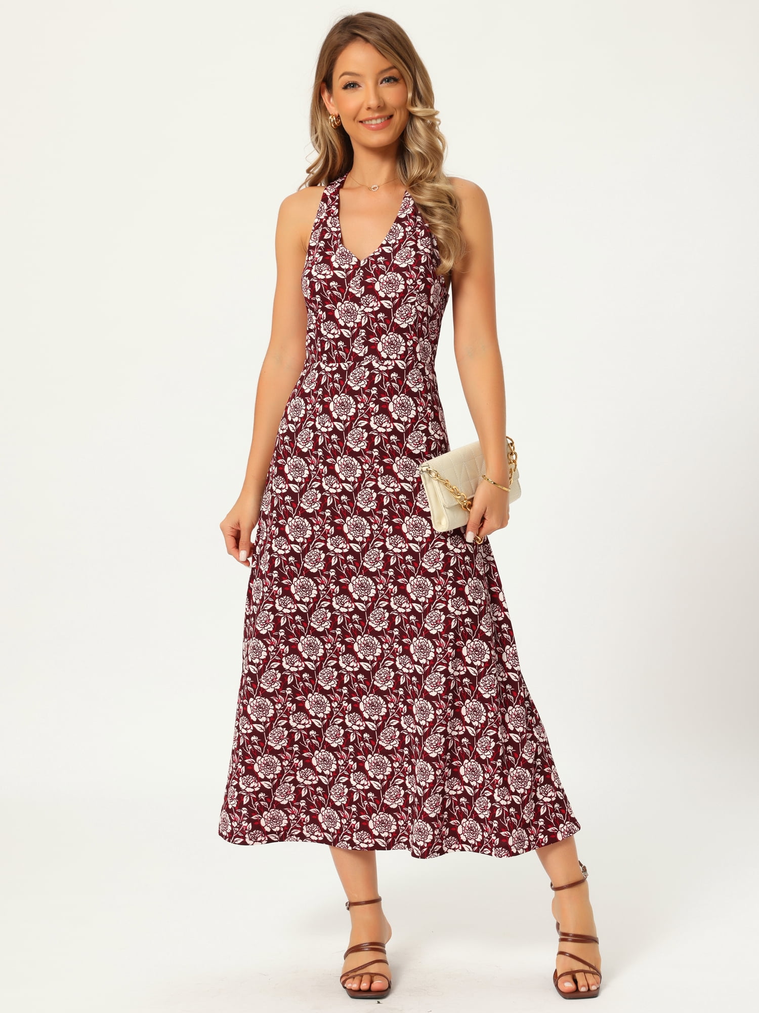 DARING DIVA Women's Halter Sleeveless A-line Maxi Floral Print Casual Sundress XL Red Wine