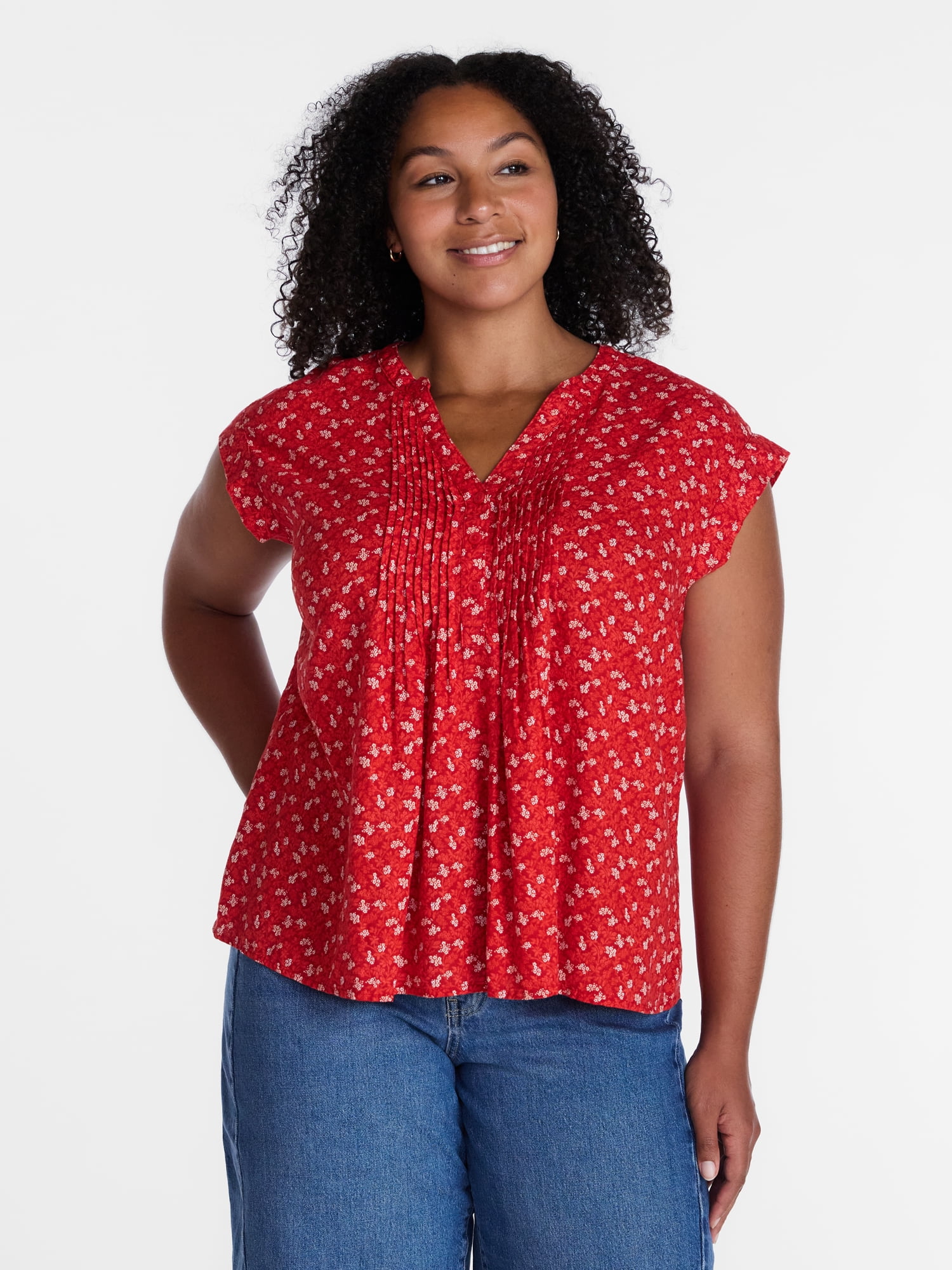 Time and Tru Women's Linen Pintuck Top, Sizes XS-XXXL
