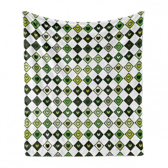 Abstract Soft Flannel Fleece Throw Blanket, Squares Ornamented with Heart Motifs, Cozy Plush for Indoor and Outdoor Use, 50" x 70", White Green, by Ambesonne