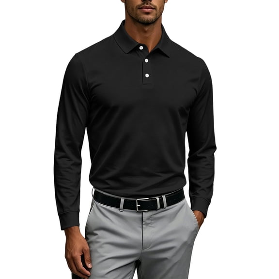 Mens Polo Shirts Long Sleeve Casual Solid Stylish Dry Fit Performance Designed Collared Golf Polo Shirts for Men Black M
