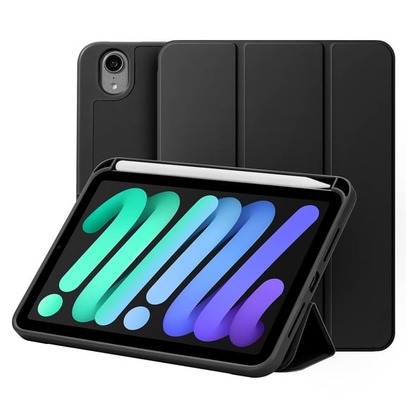 Vena For Apple iPad Mini 7 Case with Pencil Holder, iPad Mini A17 2024 Case Cover with Slim Trifold Stand, iPad Mini 6 Case Cover, Black