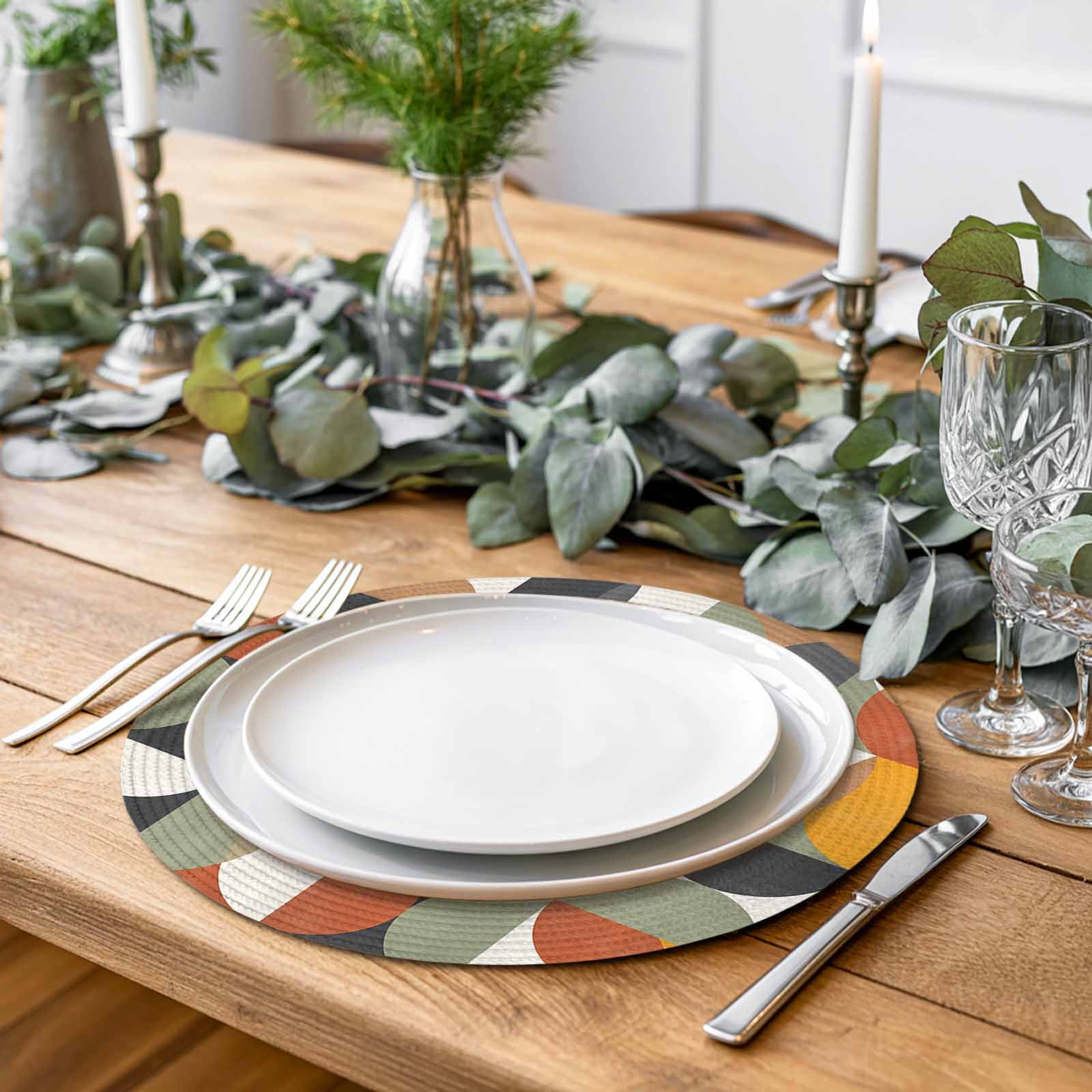 Mid-century Modern Round Table Placemats set of 4, Vintage Color Abstract Geometric Pattern Washable Woven Place Mats for Dining Tables Kitchen Party Decor,Heat Proof, 13in,