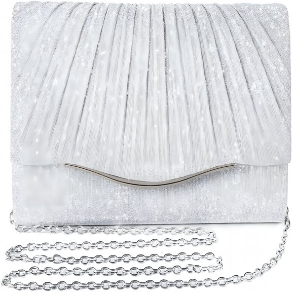AOMRCOL Silver Clutch Purses for Women, Elegant Evening Bag with Detachable Chain, Formal Crossbody Handbag for Wedding & Prom