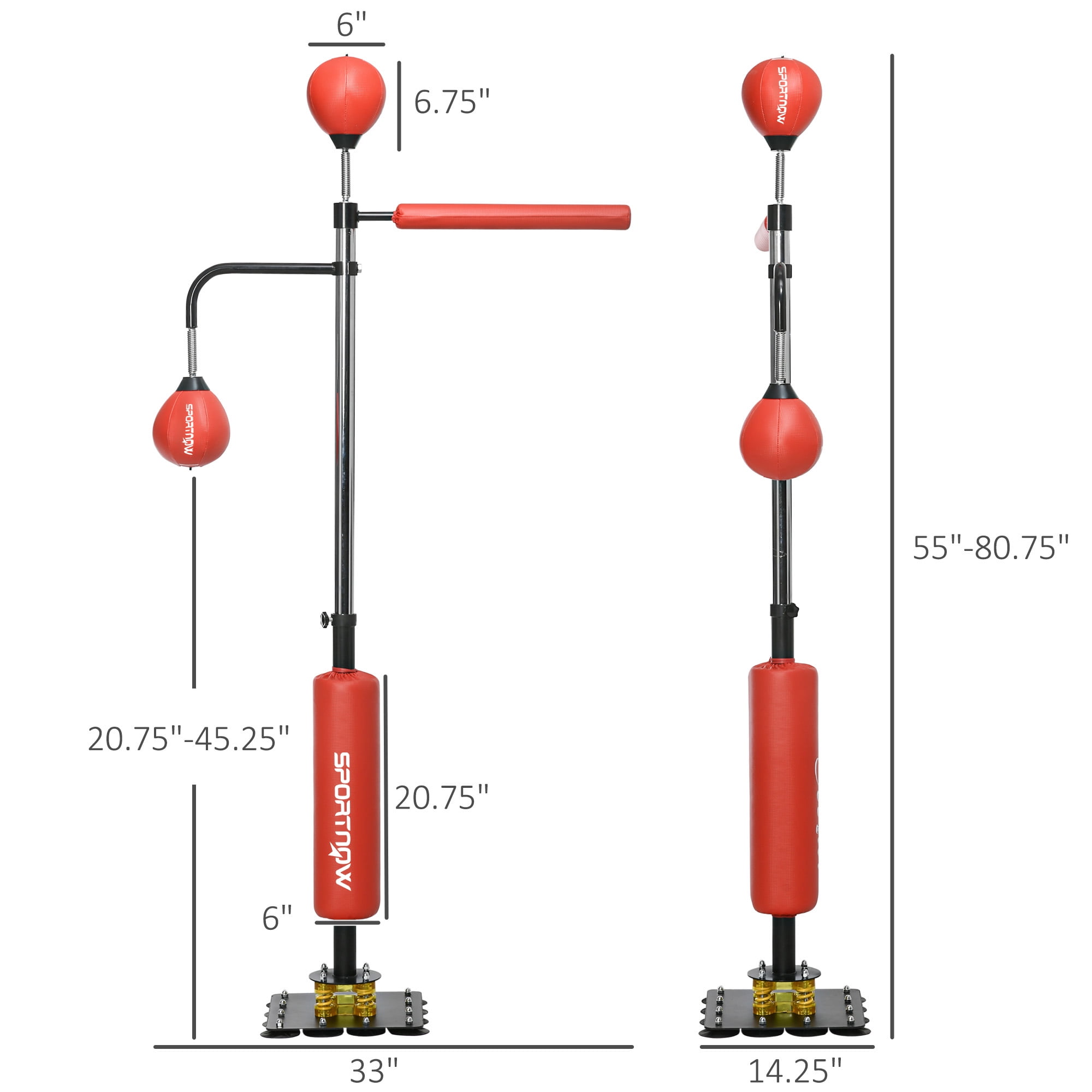 Exercise Equipment Soozier 4'7"-6'8" Boxing Bag Stand with Speed Bag and Reaction Bar Challenge, Reflex Bag Boxing Training Equipment with Suction Cups and Shock-absorbing System, Red,Workout Equipm