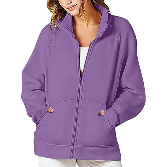 Womens Casual Fleece Sherpa Jacket Solid Stand Collar Long Sleeve Full Zip Fuzzy Coat Lightweight Loose Fit Soft Outerwear