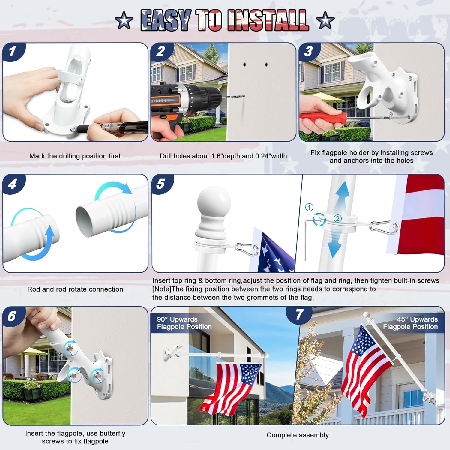 6 Ft White Tangle-Free Spinning Flagpole Kit – 2-Piece Pole & 13-Position Bracket