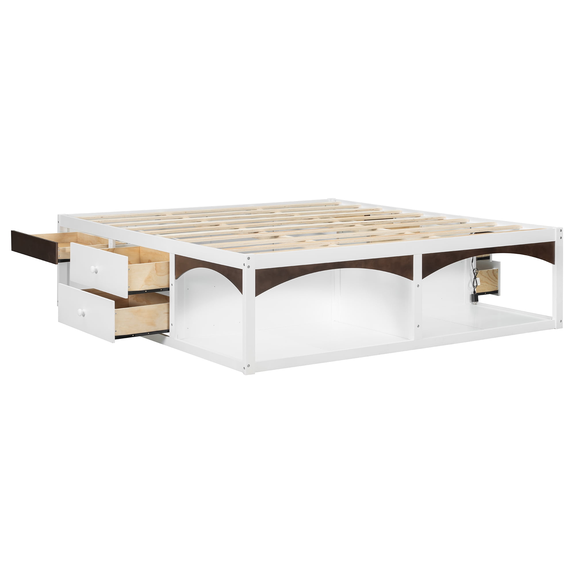 King Size Platform Bed with 2 Storage Drawers, Lighted Under-Bed Open Pet Space, No Headboard