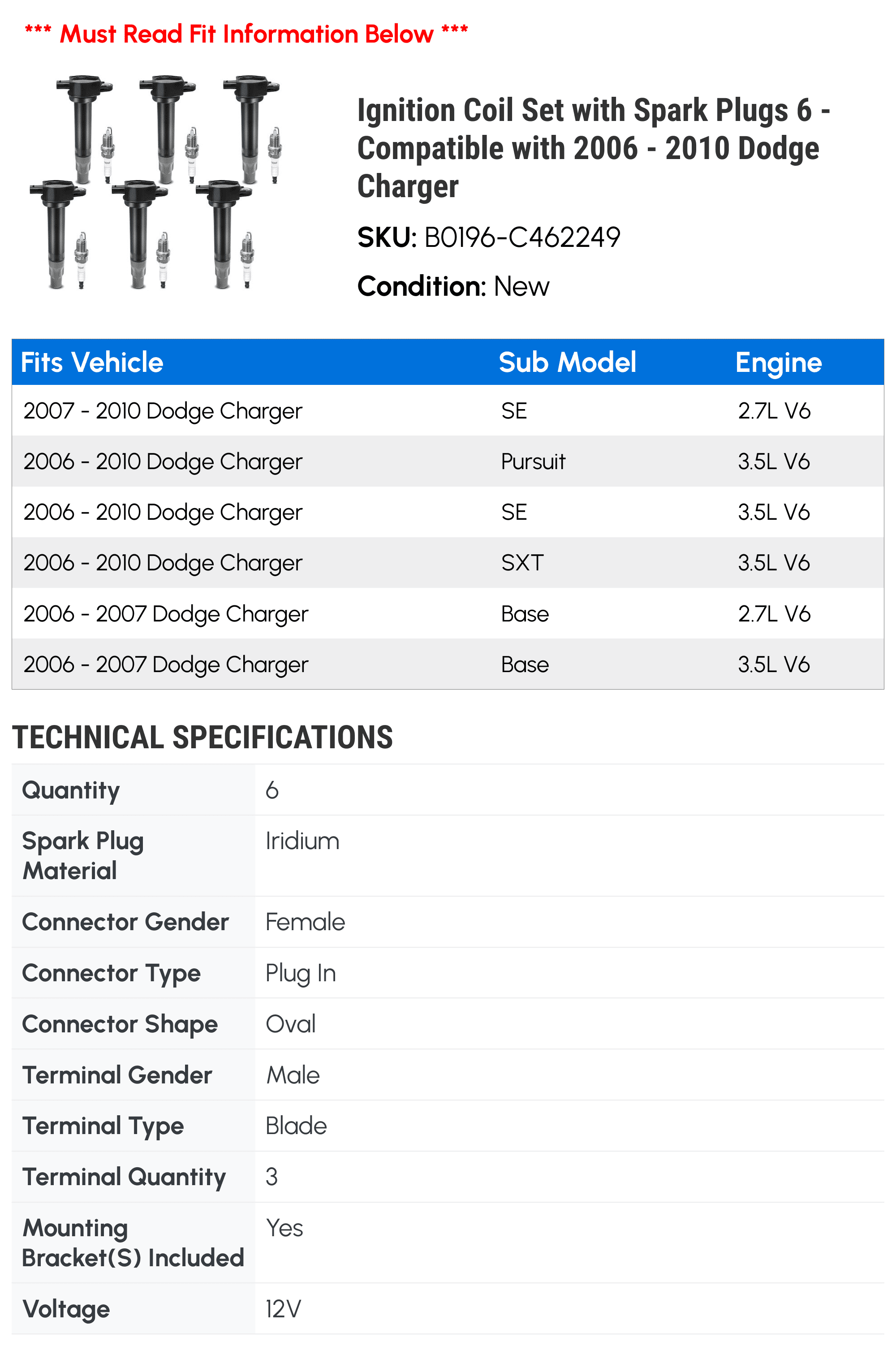 Ignition Coil Set with Spark Plugs 6 - Compatible with 2006 - 2010 Dodge Charger - Autopart Premium