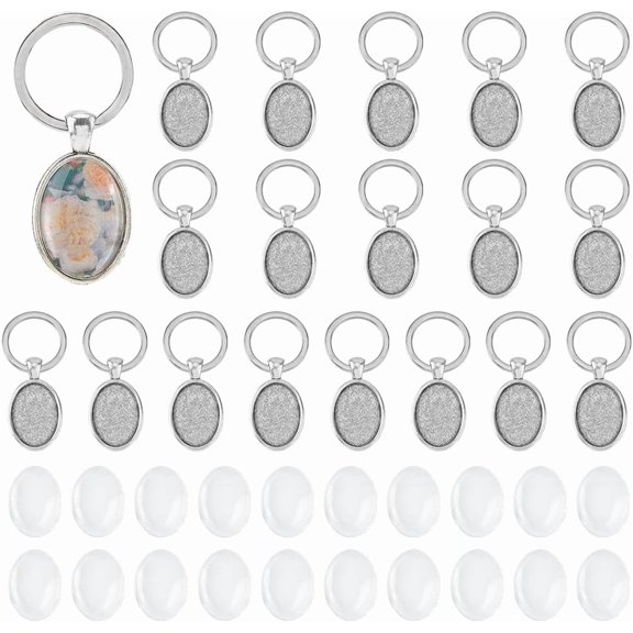 20 Sets Keychain Cabochon Settings Oval Metal Blank Bezel Frames with Split Ring and 25x18mm Clear Glass Cabochons Platinum Bezel Charms Pendant Trays Keychain Jewelry Making for diy