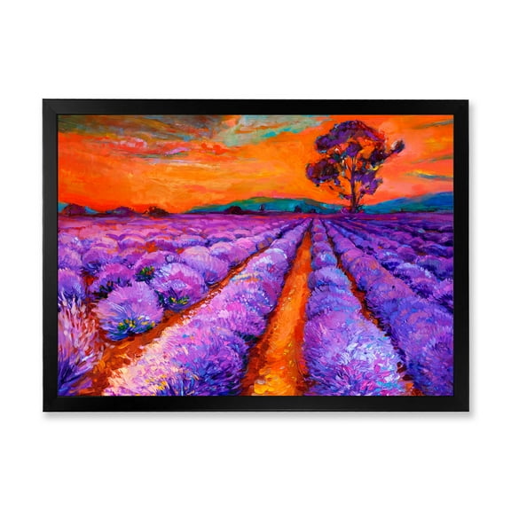 Designart 'An Orange Sunset Over Purple Lavender Fields I' Farmhouse Framed Art Print