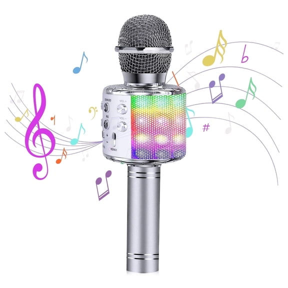 Kids Microphone, Wireless Microphone with LED Lights, Microphone Singing Toys Gifts for Kids and Adults, Silver