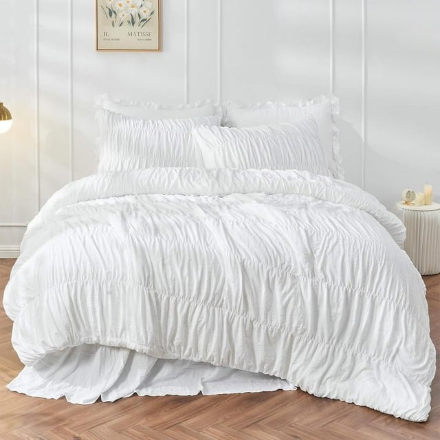 King Size Comforter Set Bedding Ruched Coral Comforter King Bed Set Boho Shabby Chic Comforter Fluffy Piece Ruffle Comforter Set with Pillow Girl Bedding Soft and Luxury