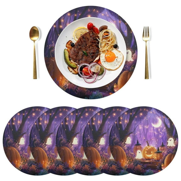 Round Placemats Plate Mats 15 Inch Non-Slip Heat Resistant Washable PVC Set Table Decoration for Kitchen Dining Whimsical Cartoon Halloween Scene