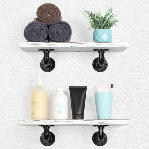 SolidPal Set of 2 Wall Mounted Pipe Floating Shelves, Rustic Wooden Storage Shelf with Iron Pipe Brackets