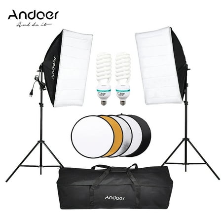 Andoer Photography Studio Softbox Lighting Tent Kit Photo Video Equipment 2 * 135W Bulb 2 * Light Stand 2 * Softbox 1 * 60cm 5in1 Photography Reflector 1 * Carrying Bag for Portrait Wedding