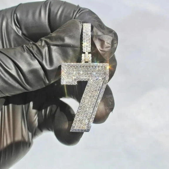 2Ct Real Moissanite Men's Custom Number 7 Pendant 14K White Gold Plated Silver