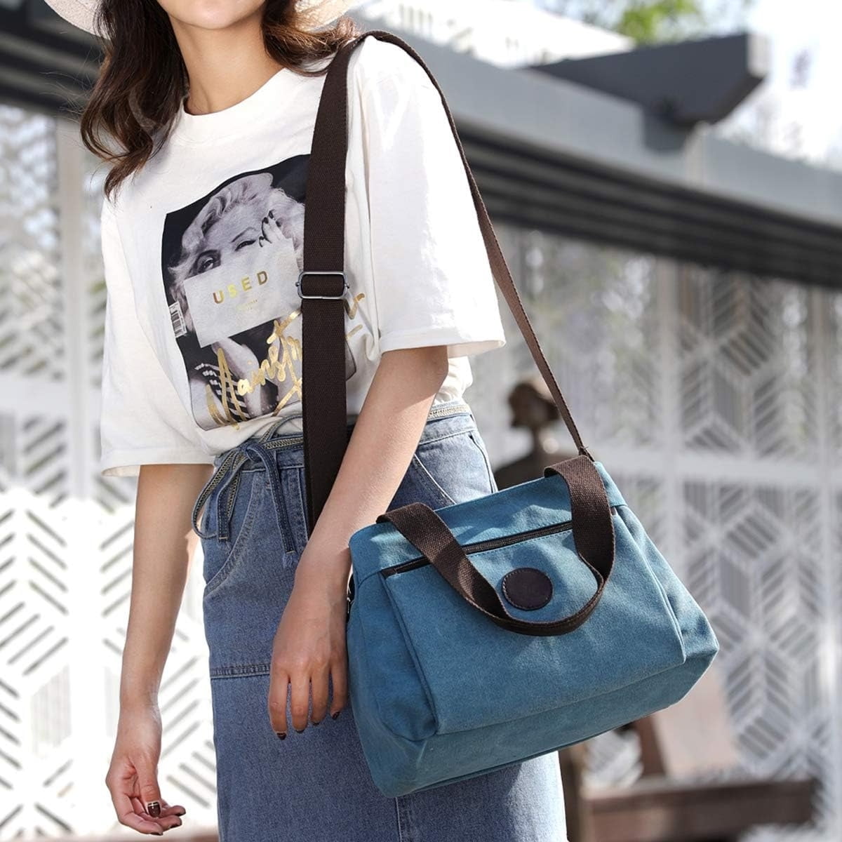 Omlopp Hobo Handbags Canvas Crossbody Bags for Women, Multi Compartment Tote Purse Medium Satchel-Blue - Medium