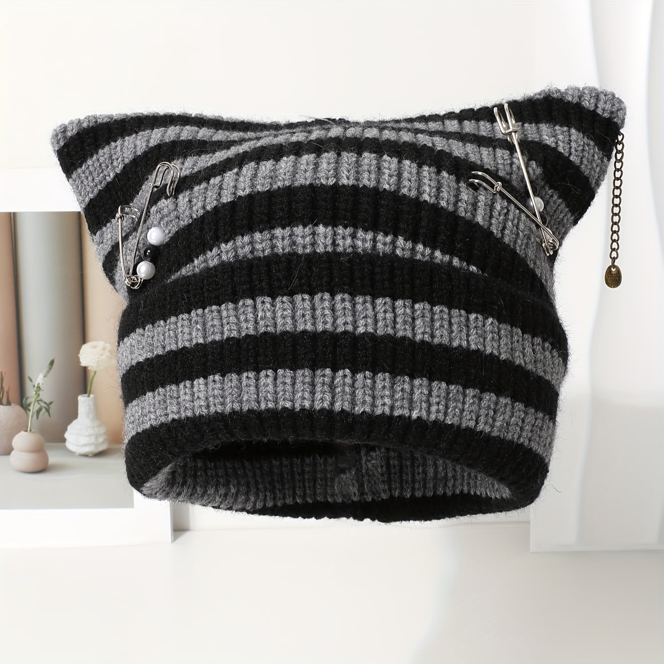 Women'S Stretchy Beanie Hat - Mint Green & Beige Striped Winter Ear Warmer with Metallic Chain-like Pins, Breathable Beanie for Cold Weather, Everyday & Formal Outfits - Cute Ear Accessory
