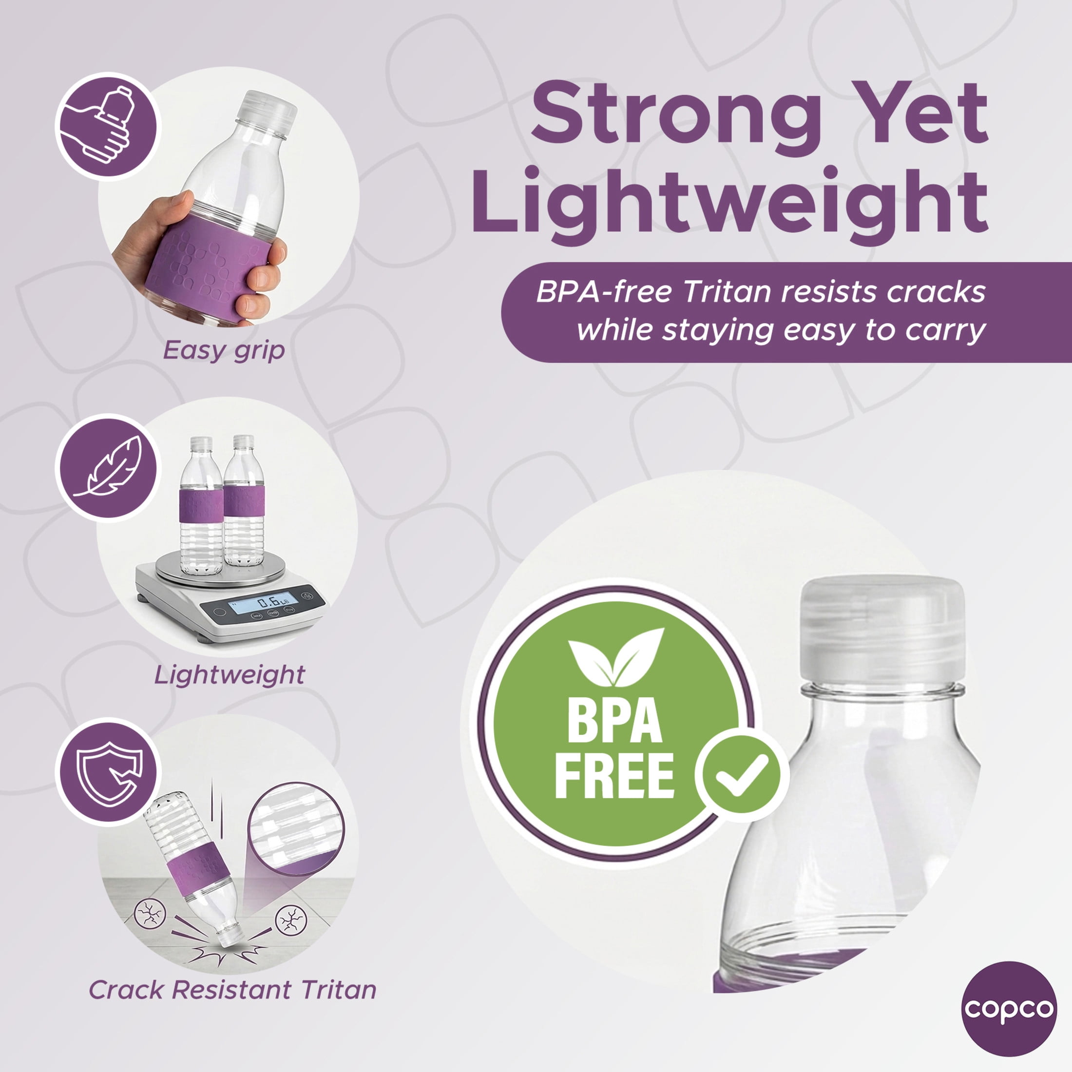 Copco Hydra Reusable Water Bottles, Set of 2, Non-Slip Sleeve, Spill Resistant Lid, Clear Water Bottles for School, Gym, & Travel, 16 Oz (Purple)
