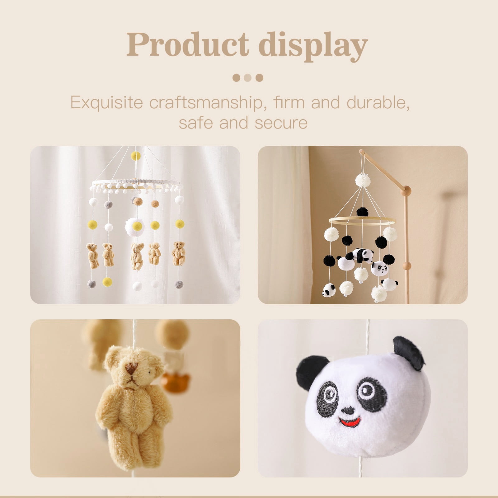 Baby Panda Hair Ball Wind Chime, Wooden Hanging Crib Mobile Toy for Newborns, Nursery & Travel