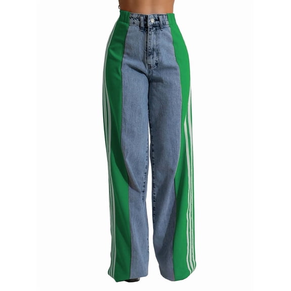 Women'S Patchwork High Waist Wide Leg Jeans Color Block Denim Straight Leg Trendy Trousers Blue & Green XXL