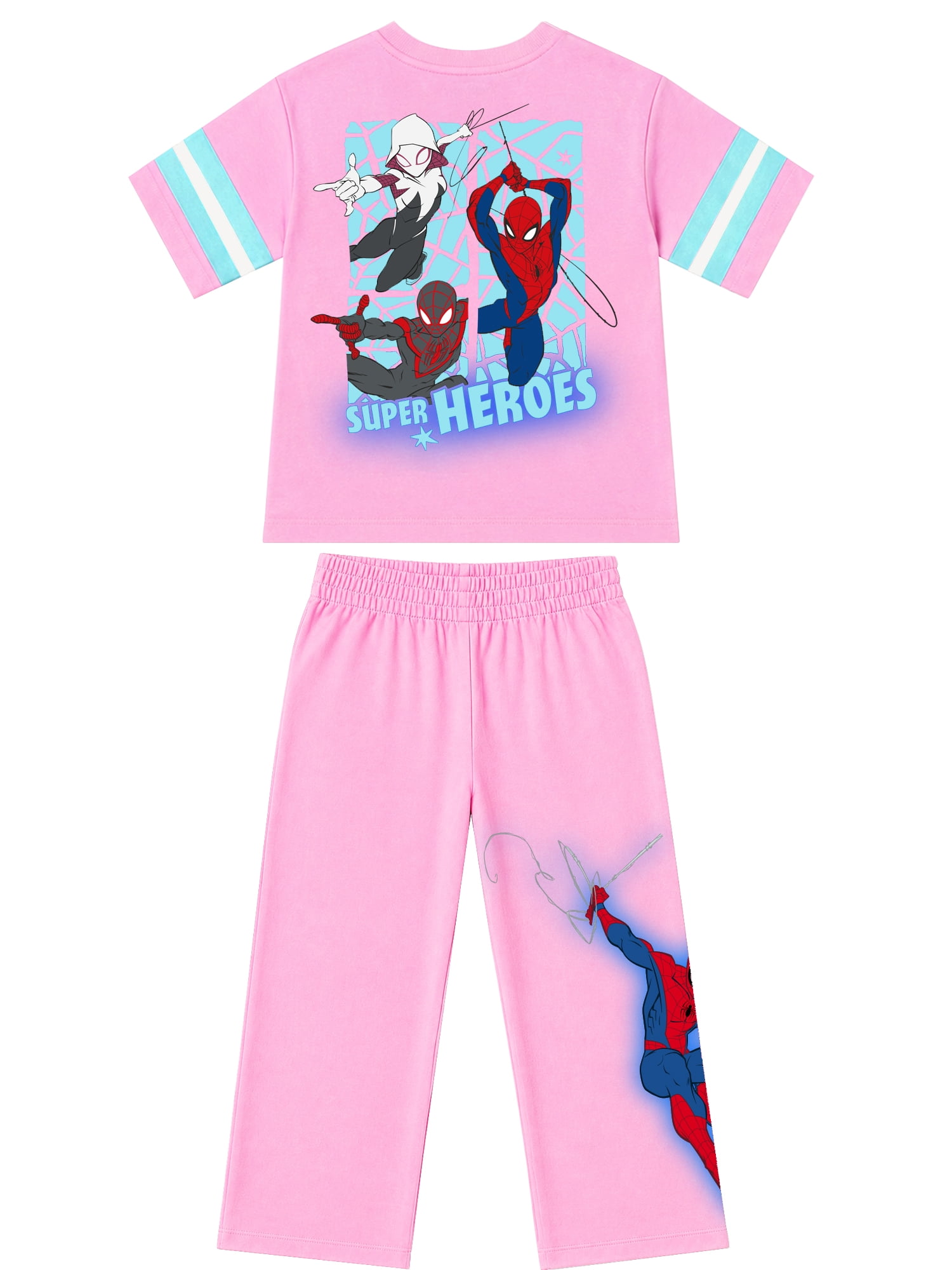 Spider-Man Girls' Athletic Front & Back T-shirt with Embroidery & Straight Leg Fleece Pants, 2-Piece, Sizes 4-16