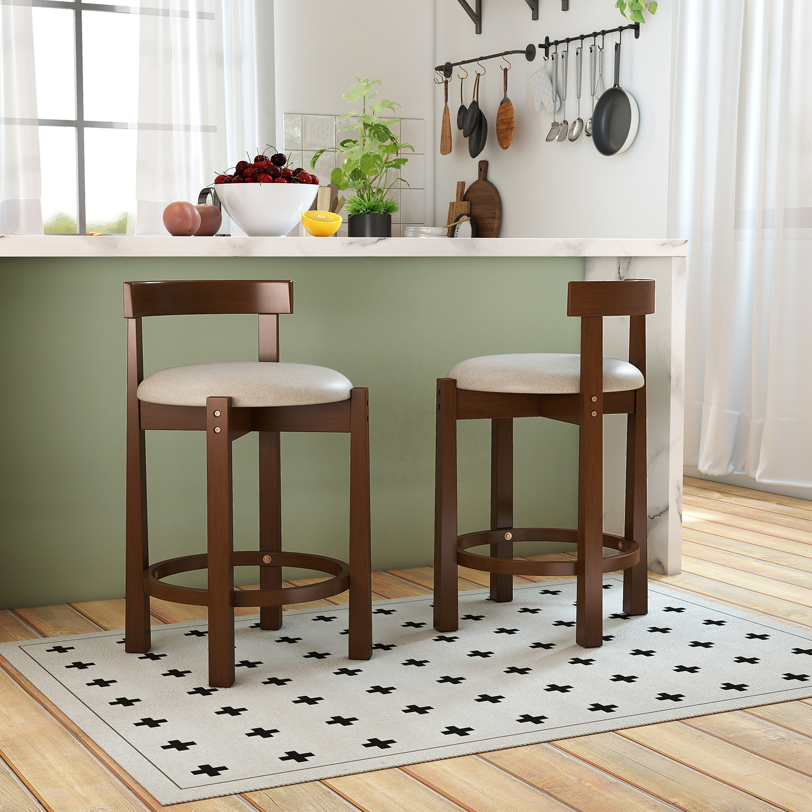 Gymax 24'' Counter Height Bar Stools Set of 2 w/Backrests & Footrests for Kitchen
