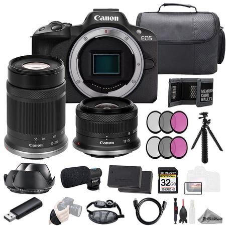 Canon EOS R50 + 18-45mm & 55-210mm Lenses (Black) + Mic +32GB +Ext Bat+3 PC Filter- Kit (International Version)