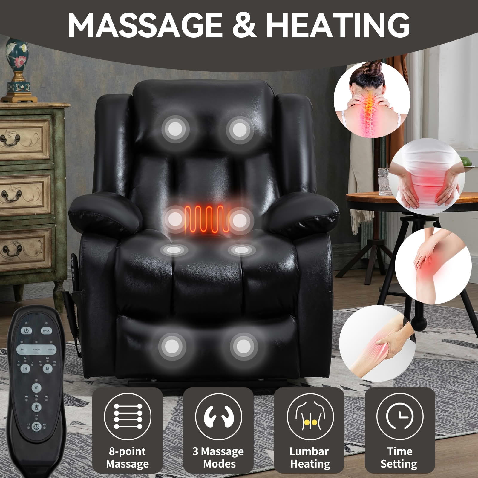 MAYEERTY Black Genuine Leather Dual Motor Power Lift Recliner, 350lbs 8-Point Massage Heat 180° 36"x40"x43" for Elderly