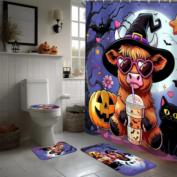 Halloween Shower Curtain Set 4PCS, Cute Highland Cow Witch with Pumpkin & Black Cat, Non-Slip Bath Mat & Toilet Cover, Polyester Bathroom Decor for Kids & Adults, Purple & Blue Holiday Theme