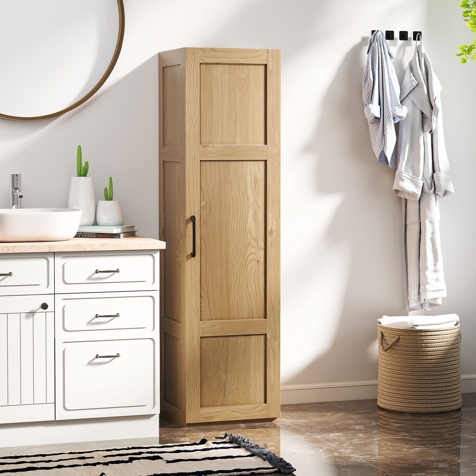 Gymax Tall Storage Cabinet Narrow Farmhouse Freestanding Floor Cabinet w/ 4 Shelves Natural