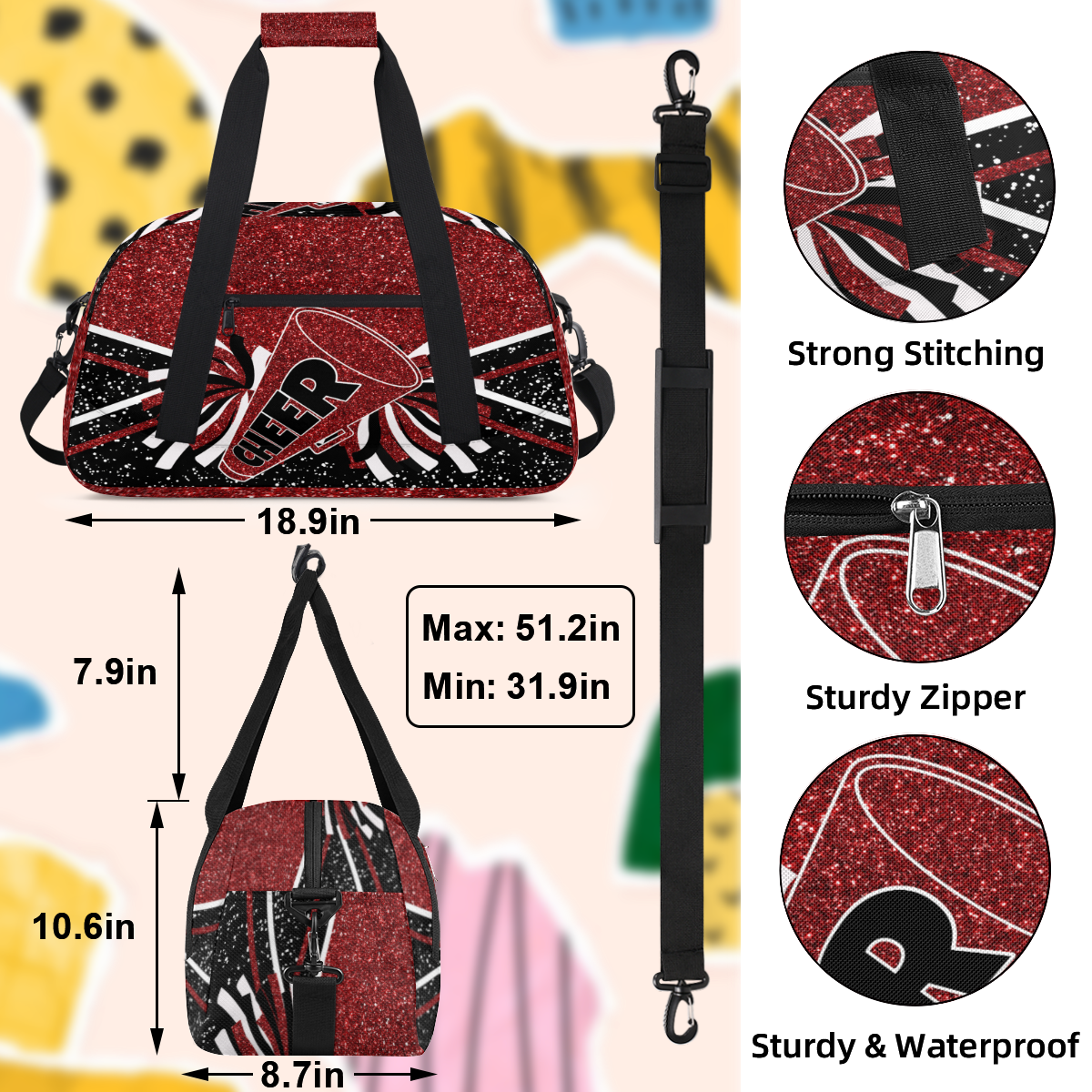 Herdesigns Cheer Bags Overnight Duffel Bags Cheerleading Red Black Sport Gym Bag Travel Bag Travel Waterproof Weekender Bag Carry On Travel Tote Bag Dance Bags