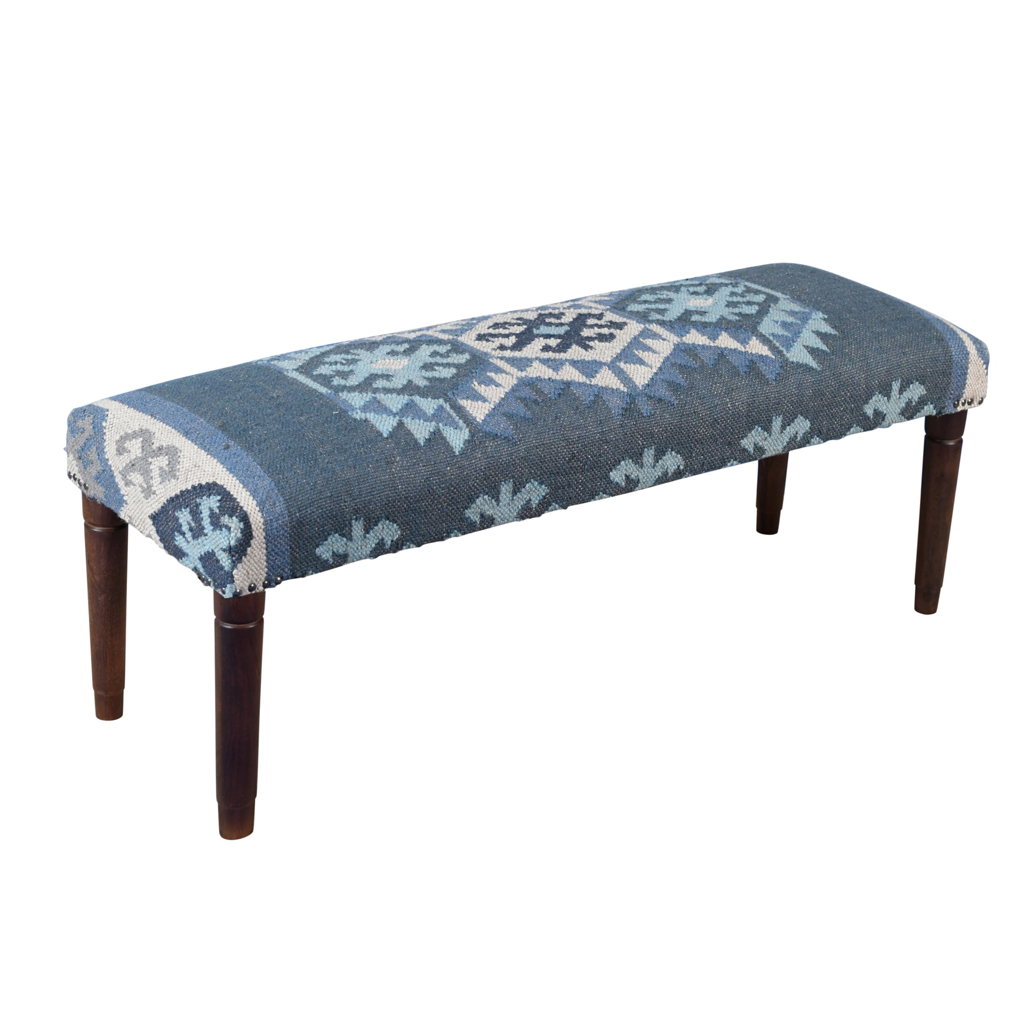 LR Home Rhonelle 47" Blue/Ivory Kilim Jute Upholstered Accent Bench