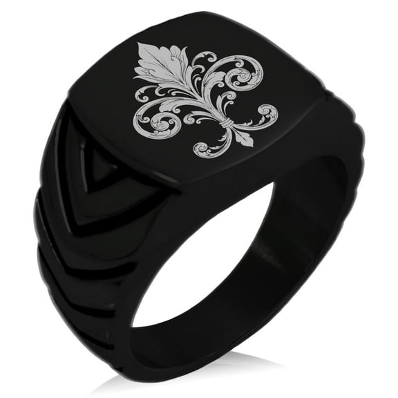 Stainless Steel Ornate Fleur De Lis Chevron Pattern Biker Style Polished Ring